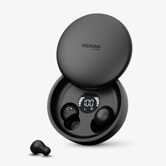 VISOUND by VionB wireless earbuds and their open black charging case featuring a digital 100% battery display and L R indicators, with one earbud nestled inside and another resting on a white background