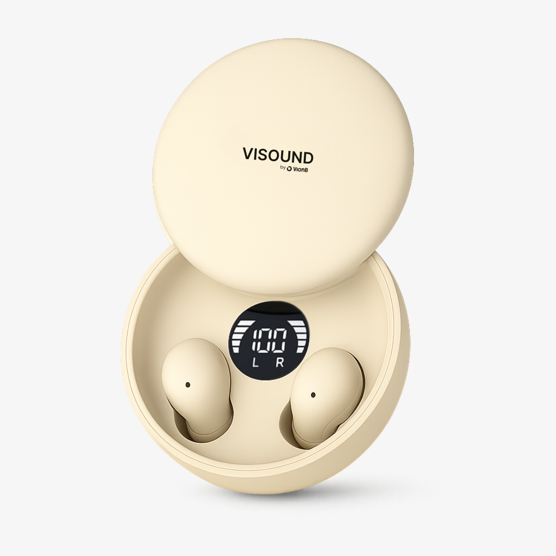 VISOUND by VionB cream wireless earbuds displayed in their open charging case featuring a digital screen showing 100 percent battery and L R indicators